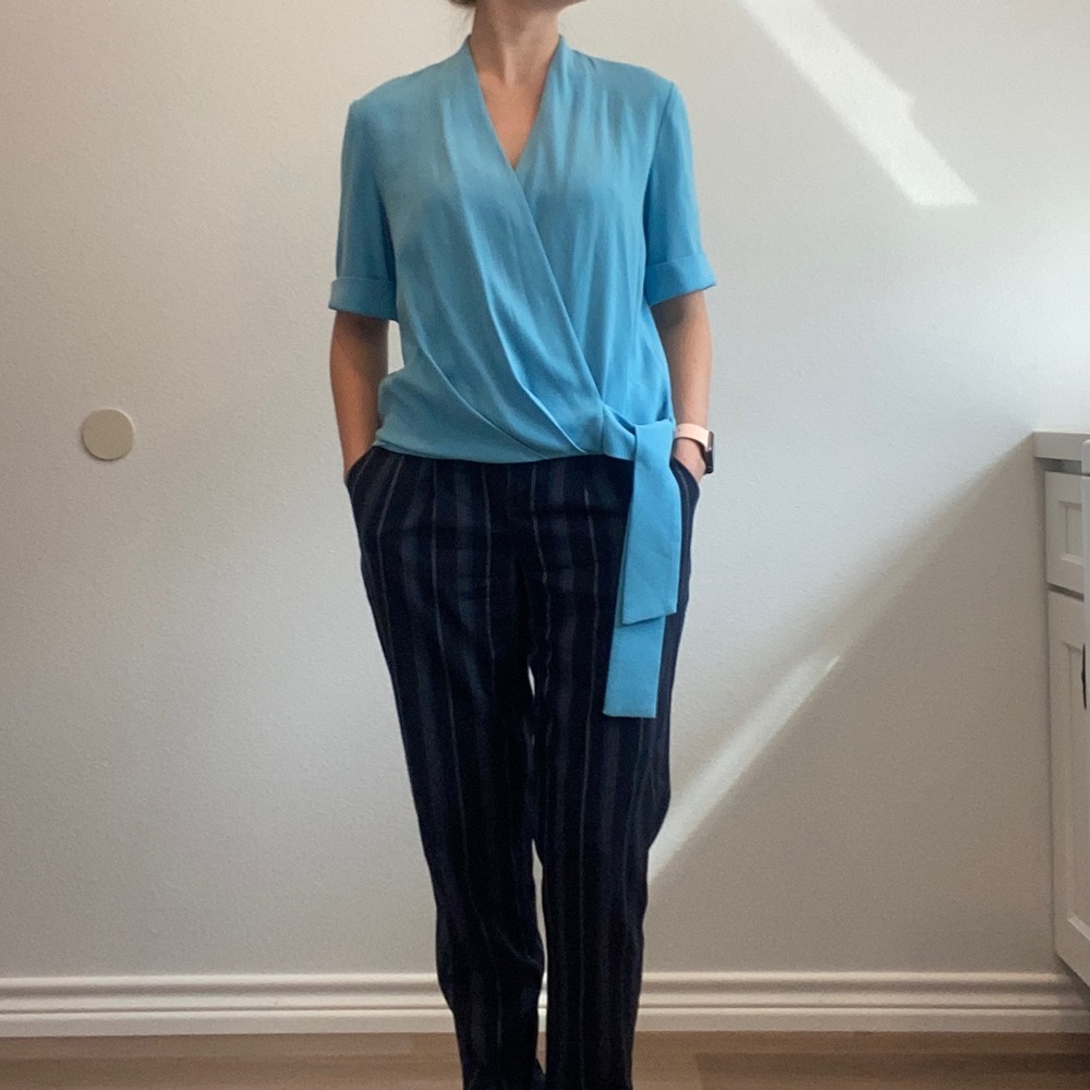 MM Lafleur Rakin Waterfall Faux Wrap Blouse Top Steel Blue S